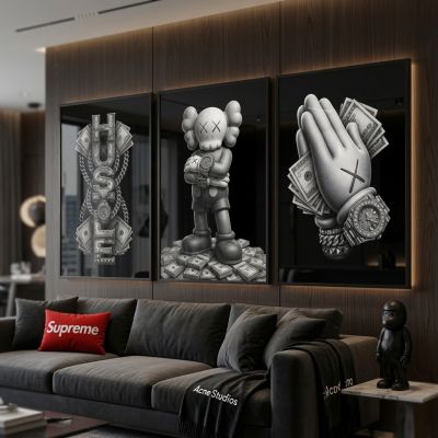 Kaws Girl Wall Art Set of 3, Girl Hypebeast Room Decor, Pink Grey Kaws Posters, Feminine Kaws Wall Art, Cool Girl Room Decor, Teen Girl Art