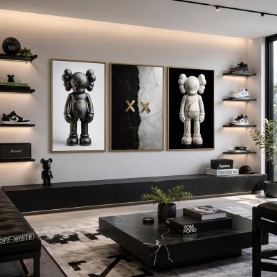 KAWS Wall Art – Kintsugi Hypebeast Decor Black & White Marble Set of 3