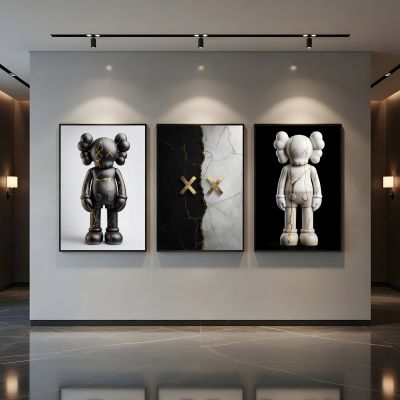 KAWS Wall Art – Kintsugi Hypebeast Decor Black & White Marble Set of 3