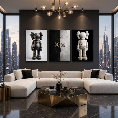 KAWS Wall Art – Kintsugi Hypebeast Decor Black & White Marble Set of 3