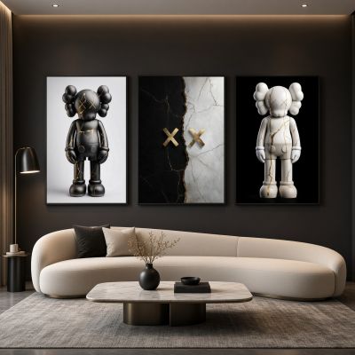 KAWS Wall Art – Kintsugi Hypebeast Decor Black & White Marble Set of 3
