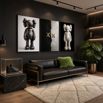 KAWS Wall Art – Kintsugi Hypebeast Decor Black & White Marble Set of 3