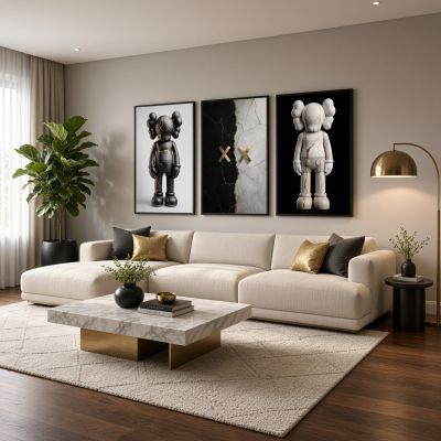 KAWS Wall Art – Kintsugi Hypebeast Decor Black & White Marble Set of 3