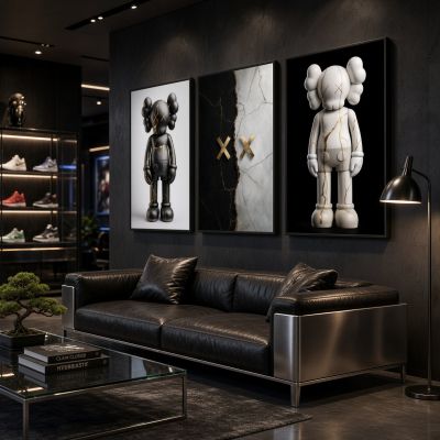 KAWS Wall Art – Kintsugi Hypebeast Decor Black & White Marble Set of 3
