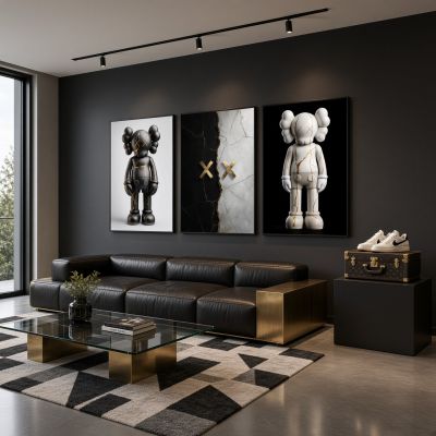 KAWS Wall Art – Kintsugi Hypebeast Decor Black & White Marble Set of 3