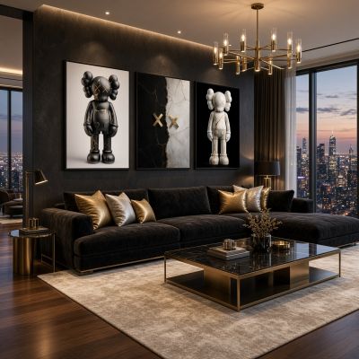KAWS Wall Art – Kintsugi Hypebeast Decor Black & White Marble Set of 3