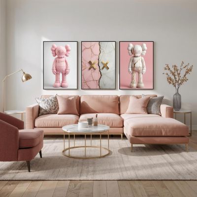 KAWS Wall Art – Pink Hypebeast Room Decor Set of 3