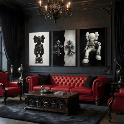 Chrome Hearts Hypebeast Wall Art Poster Set of 3, Black Silver Gothic Cross Art, Horseshoe Print, Fleur De Lis Luxury Y2K Room Decor