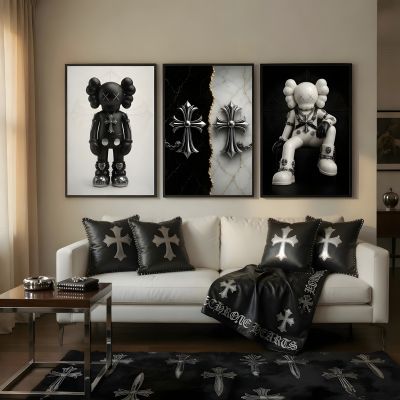 Chrome Hearts Hypebeast Wall Art Poster Set of 3, Black Silver Gothic Cross Art, Horseshoe Print, Fleur De Lis Luxury Y2K Room Decor