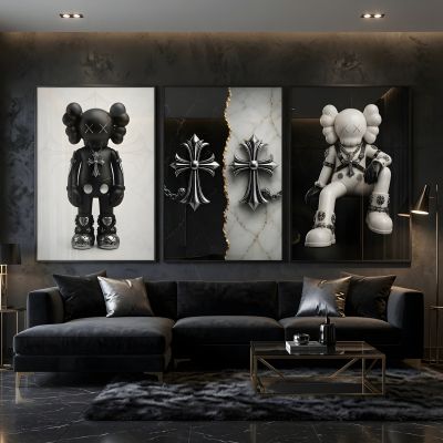 Chrome Hearts Hypebeast Wall Art Poster Set of 3, Black Silver Gothic Cross Art, Horseshoe Print, Fleur De Lis Luxury Y2K Room Decor