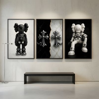 Chrome Hearts Hypebeast Wall Art Poster Set of 3, Black Silver Gothic Cross Art, Horseshoe Print, Fleur De Lis Luxury Y2K Room Decor